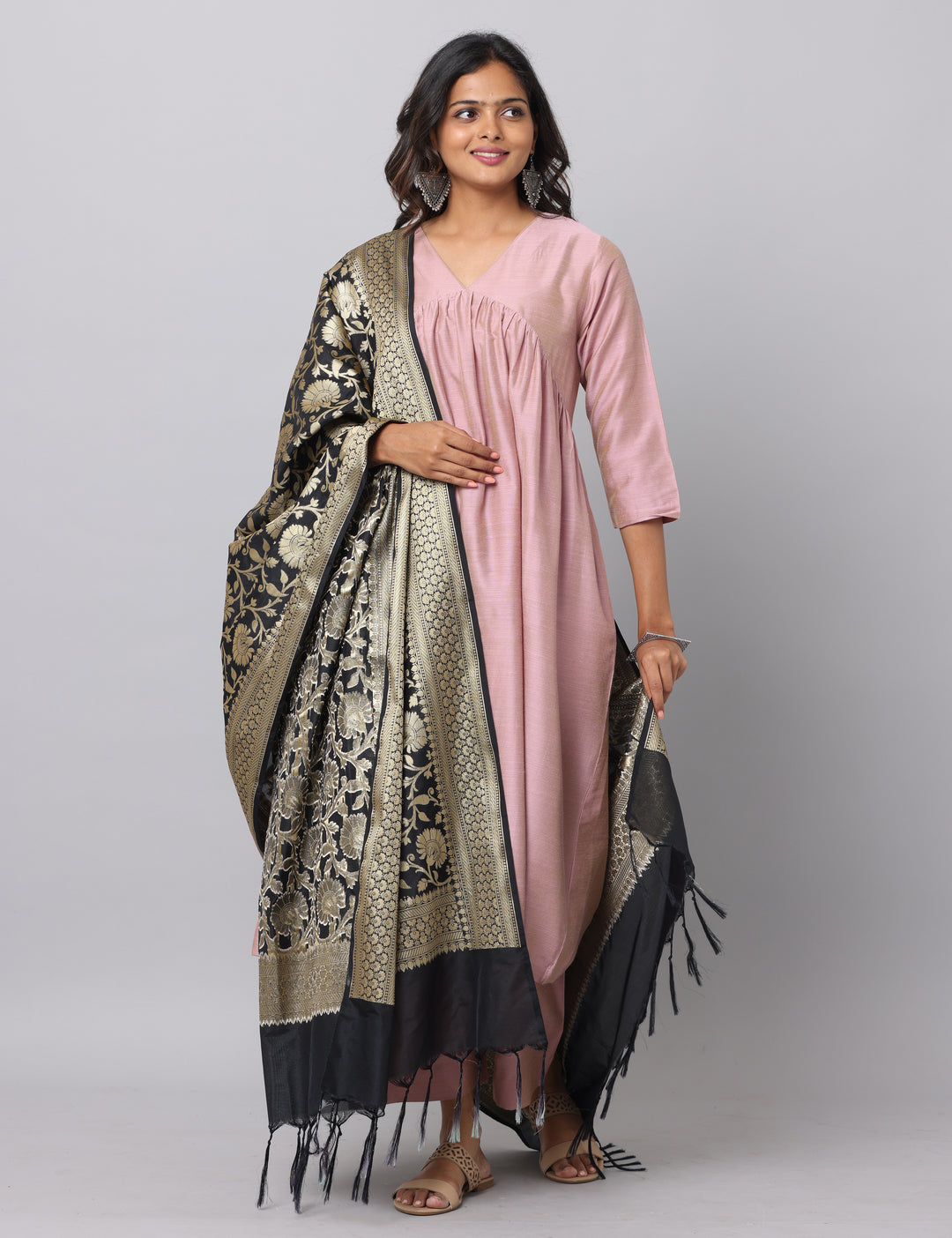 Elleora Gathered Cotton Silk Kurta Set Dusty Pink