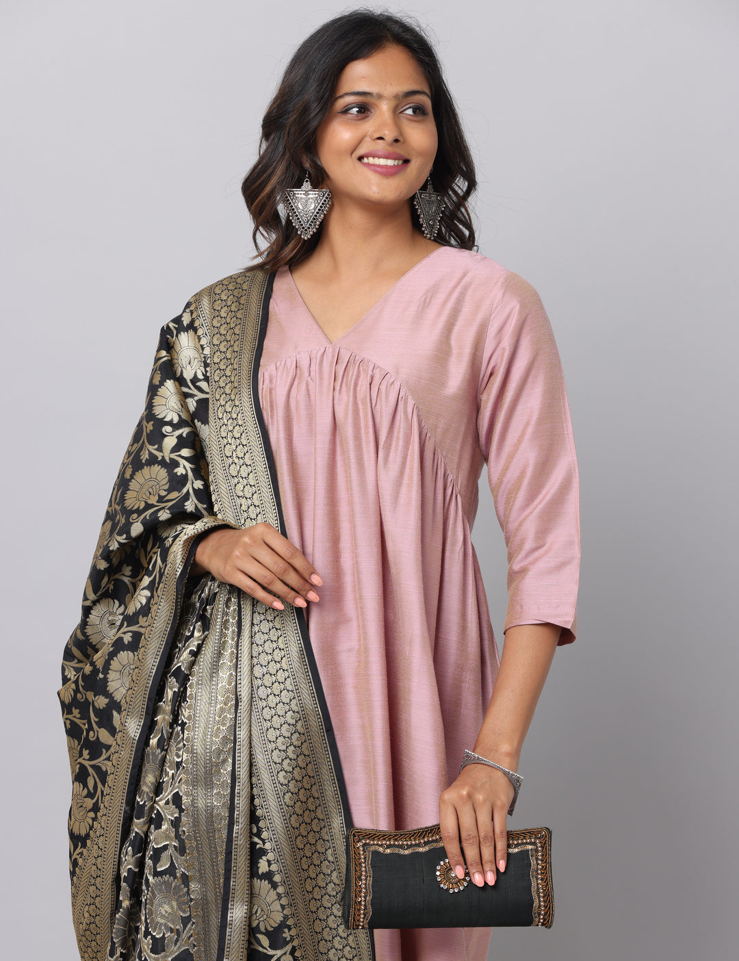 Elleora Gathered Cotton Silk Kurta Set Dusty Pink