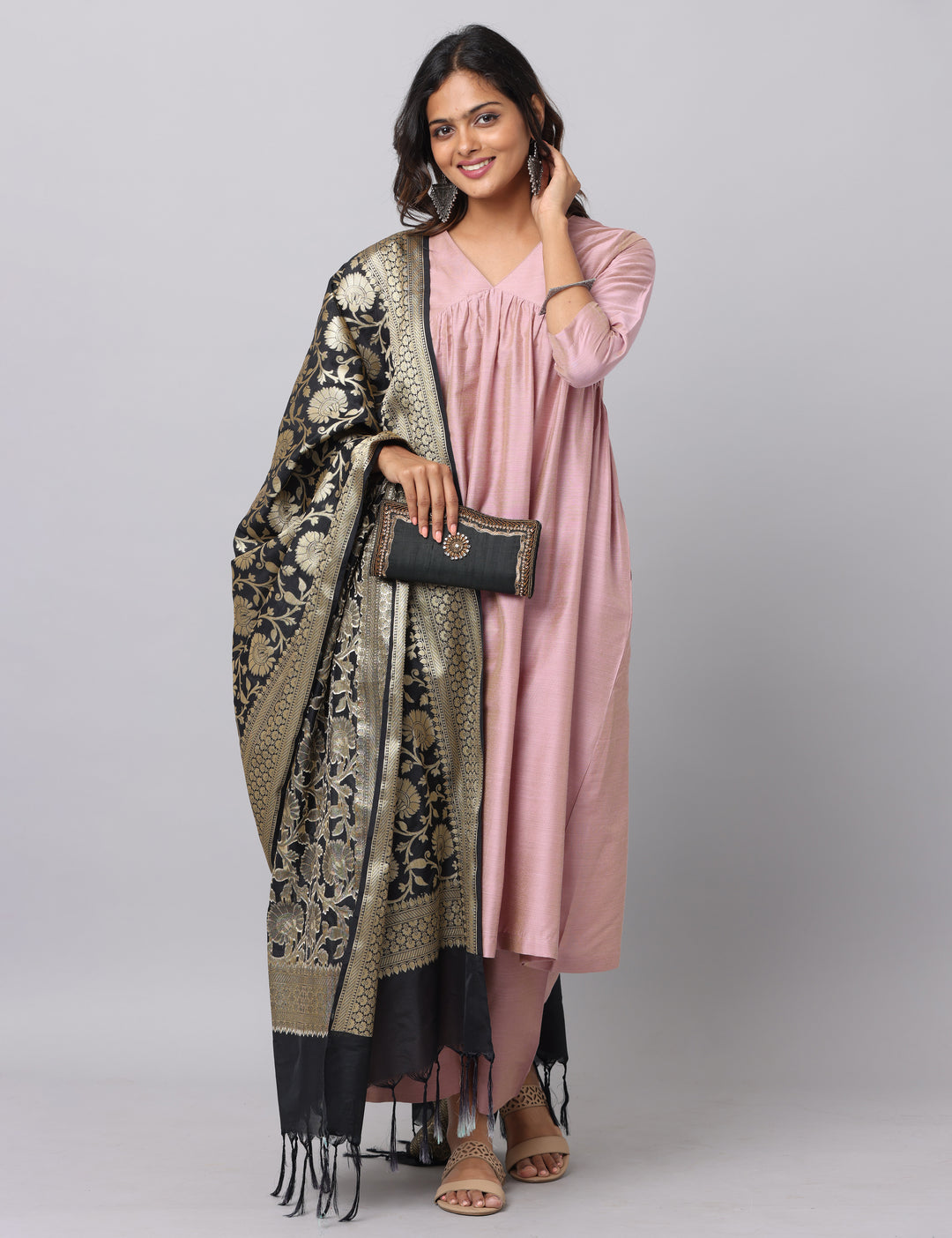 Elleora Gathered Cotton Silk Kurta Set Dusty Pink