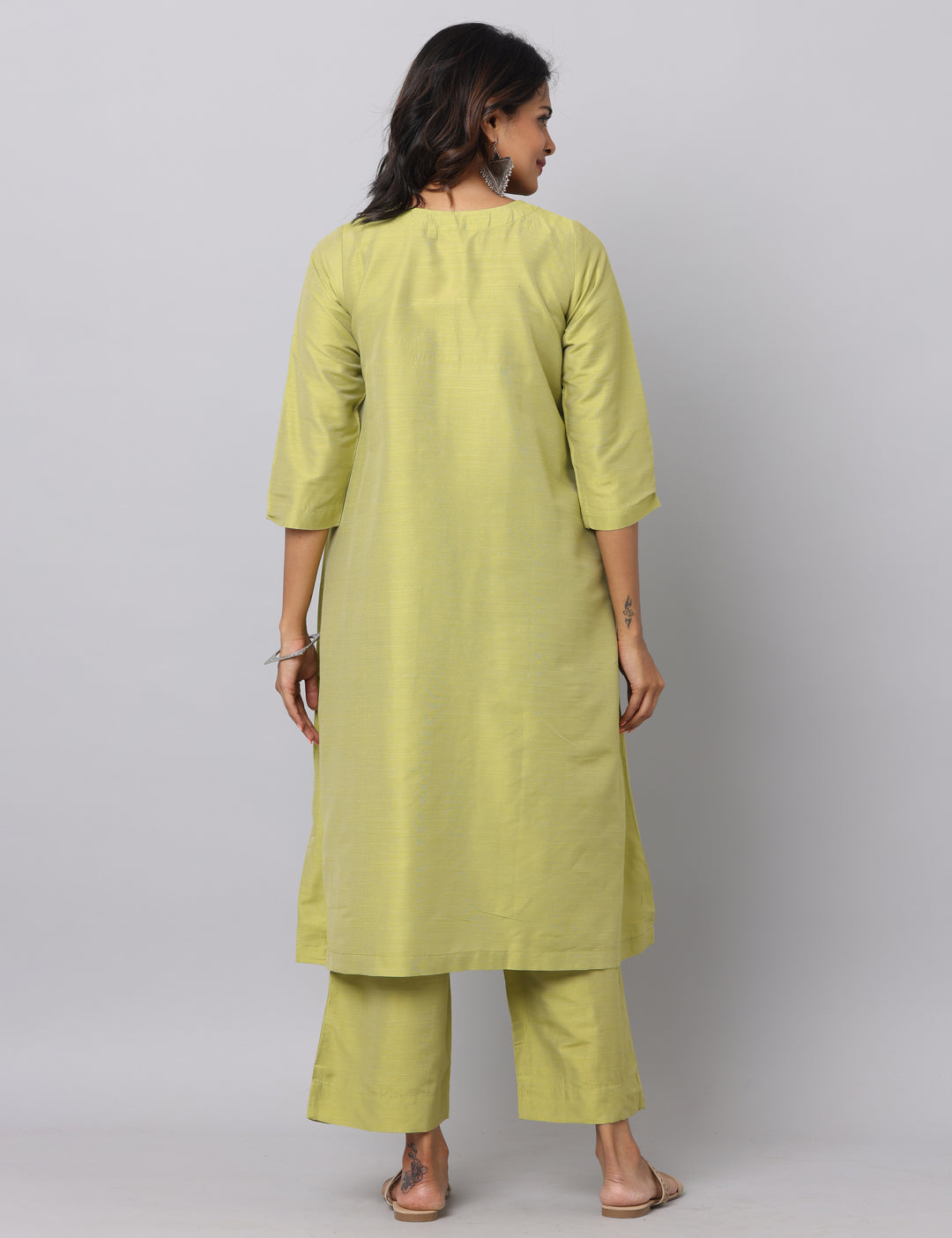 Elleora Gathered Cotton Silk Kurta Set Lt olive