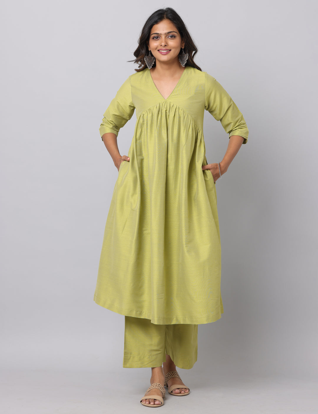 Elleora Gathered Cotton Silk Kurta Set Lt olive