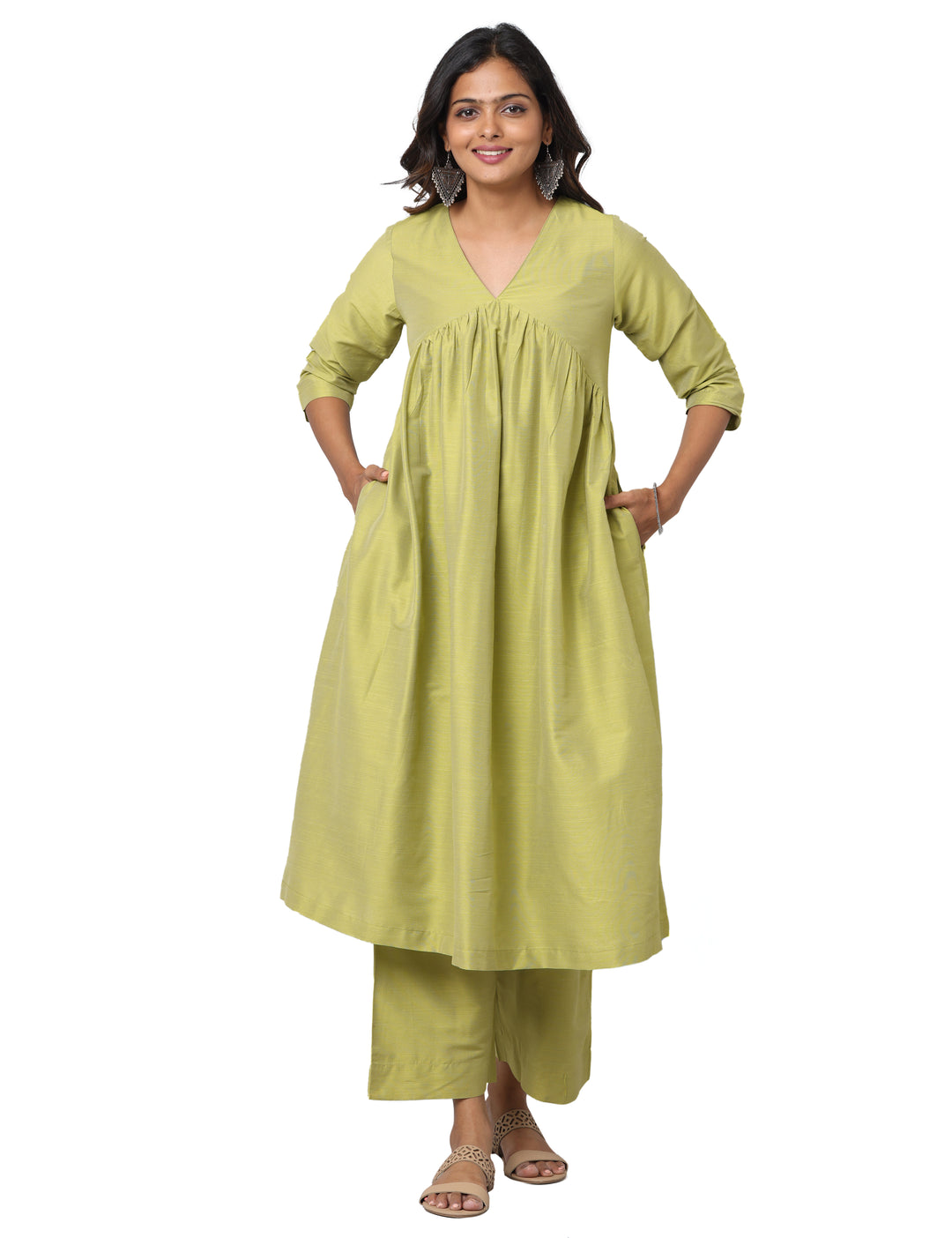 Elleora Gathered Cotton Silk Kurta Set Lt olive