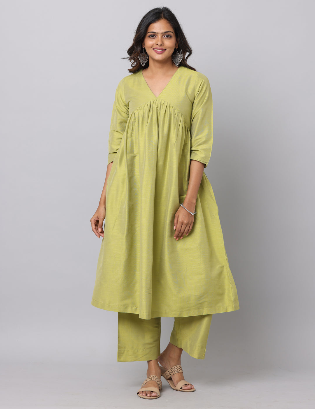 Elleora Gathered Cotton Silk Kurta Set Lt olive