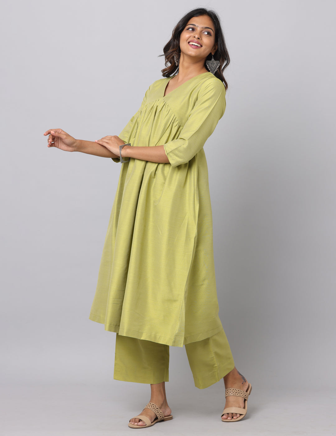 Elleora Gathered Cotton Silk Kurta Set Lt olive