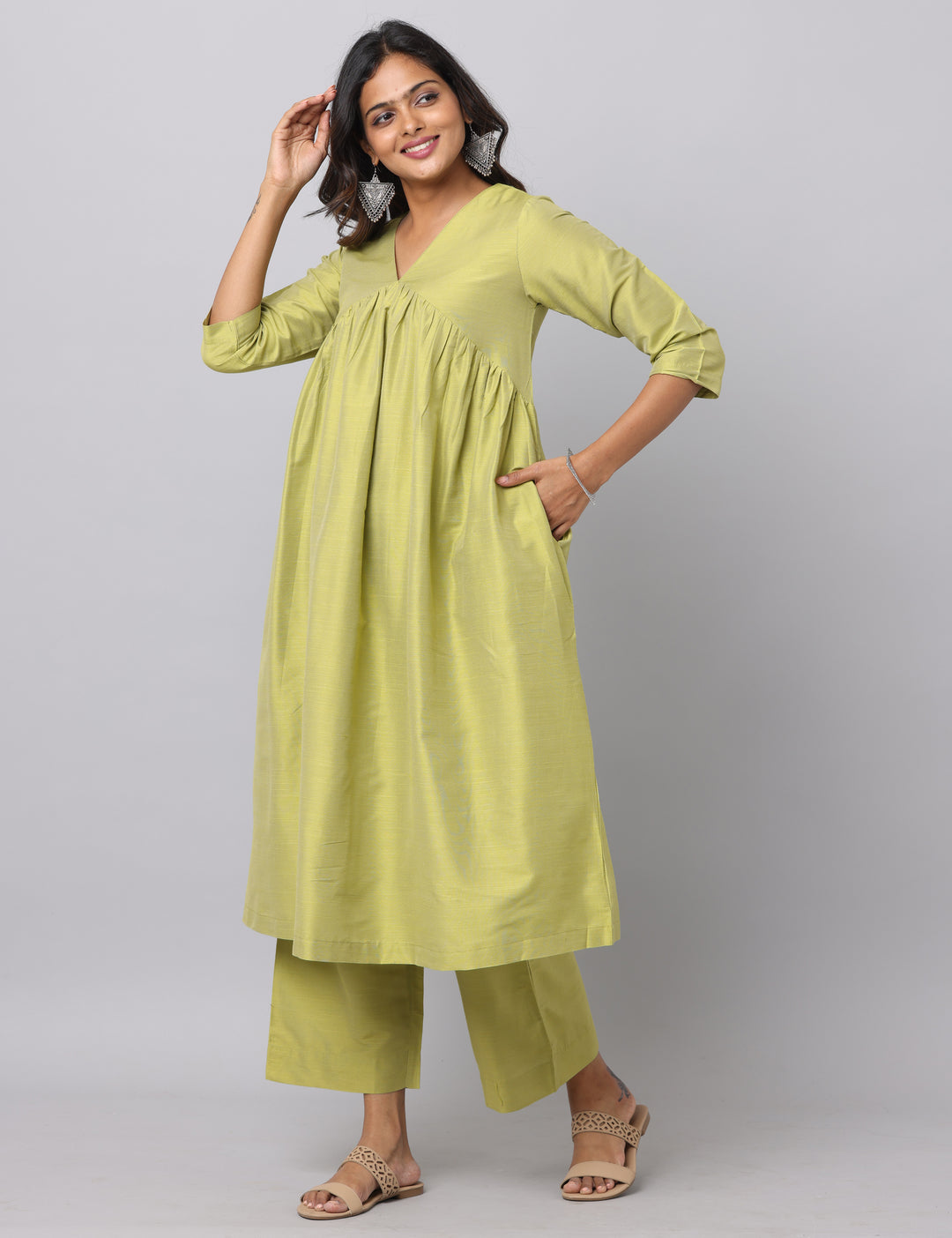 Elleora Gathered Cotton Silk Kurta Set Lt olive