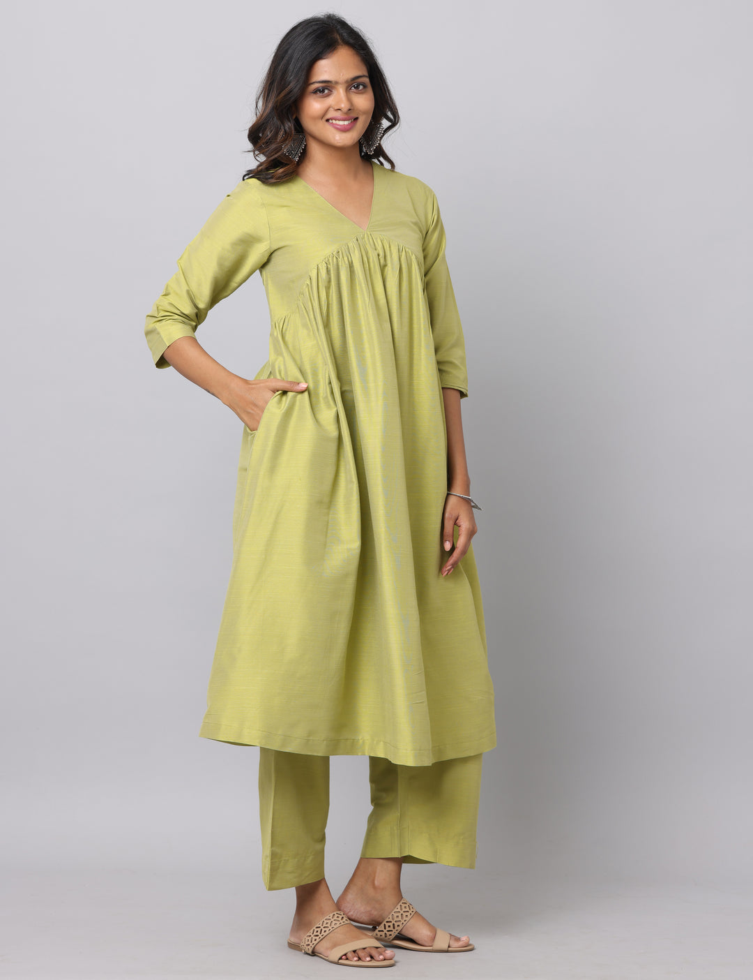 Elleora Gathered Cotton Silk Kurta Set Lt olive