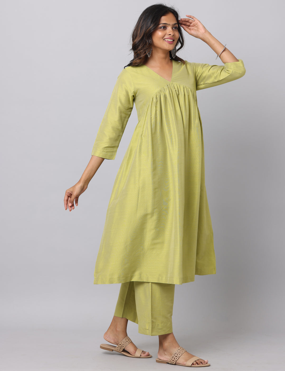 Elleora Gathered Cotton Silk Kurta Set Lt olive