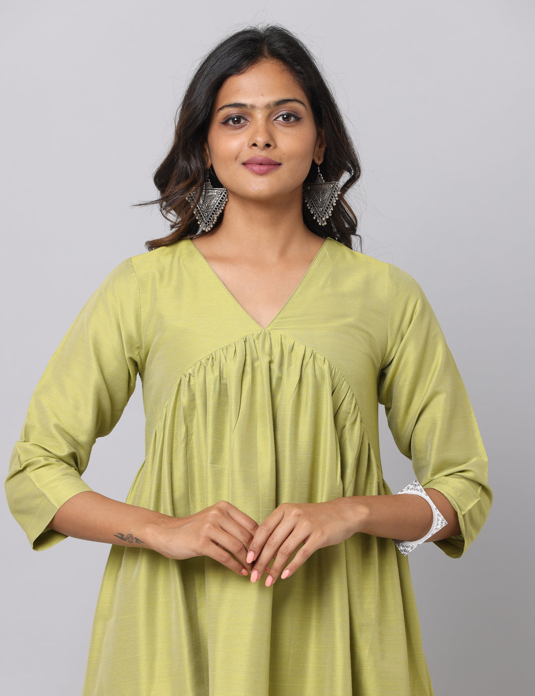 Elleora Gathered Cotton Silk Kurta Set Lt olive