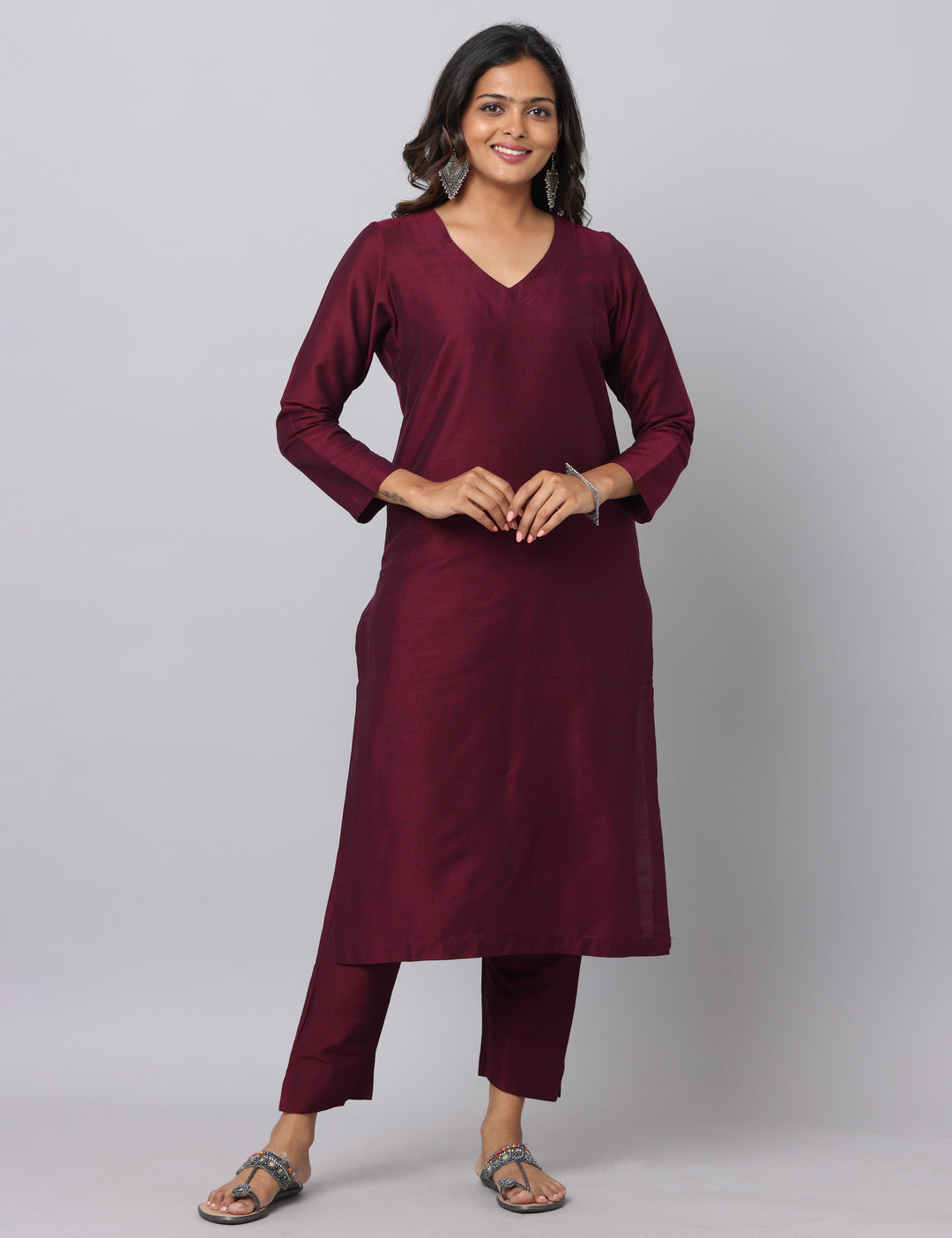 Elleora Regular Cotton Silk Kurta Set Wine