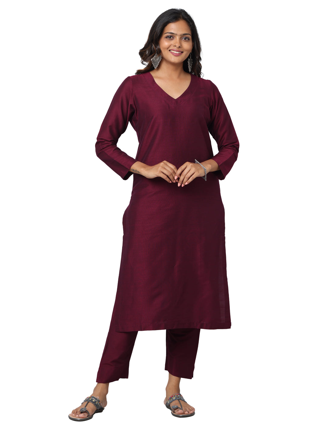 Elleora Regular Cotton Silk Kurta Set Wine