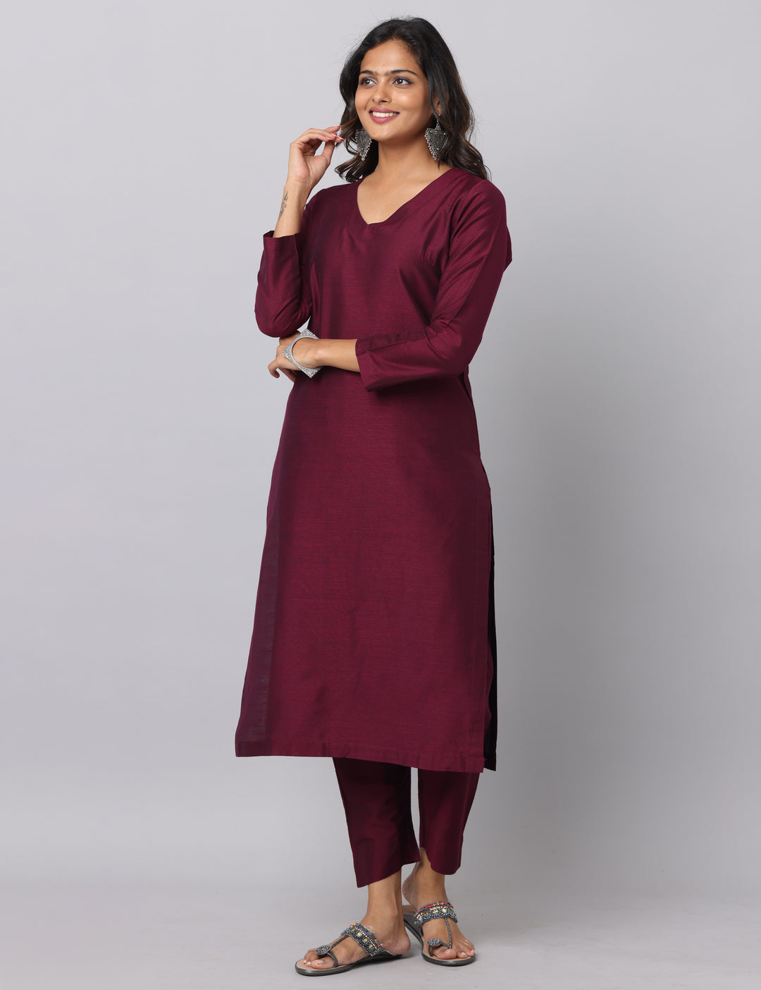 Elleora Regular Cotton Silk Kurta Set Wine