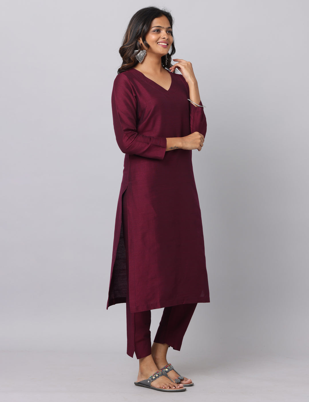 Elleora Regular Cotton Silk Kurta Set Wine