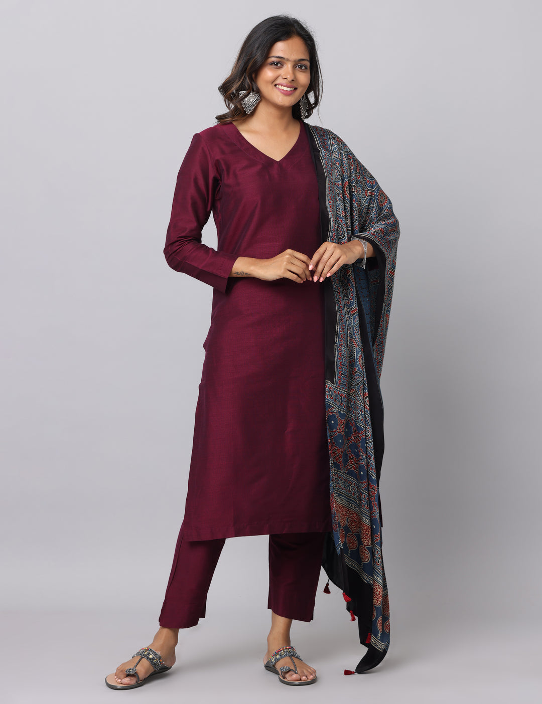 Elleora Regular Cotton Silk Kurta Set Wine