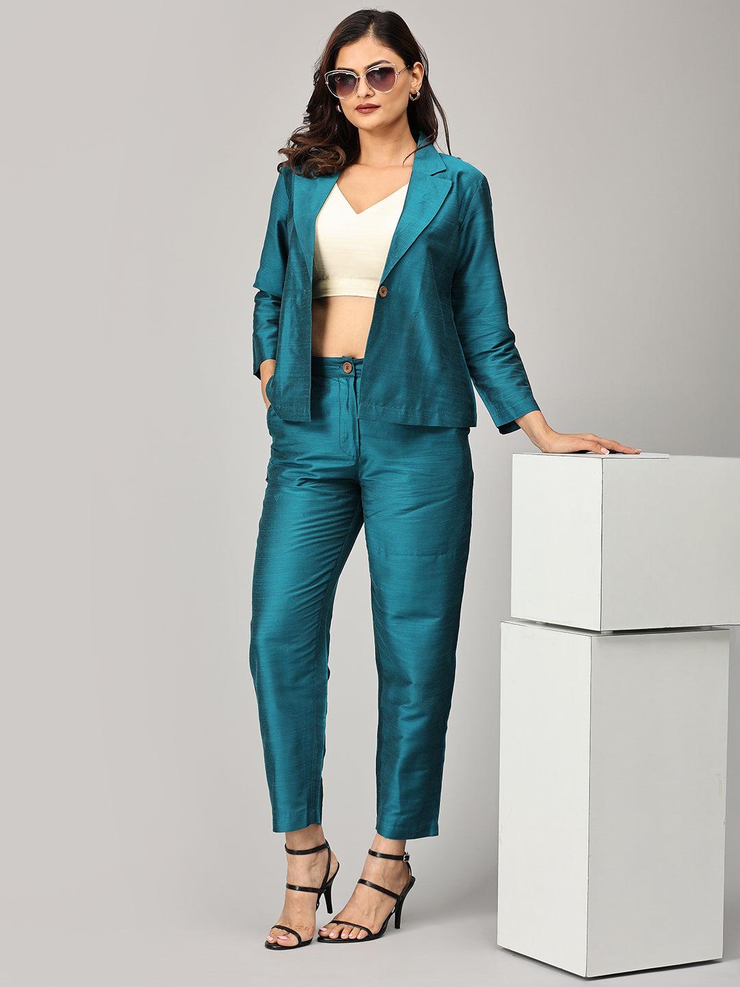 Teal cotton silk Blazer Set