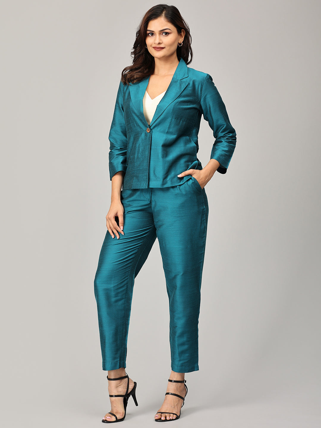 Teal cotton silk Blazer Set