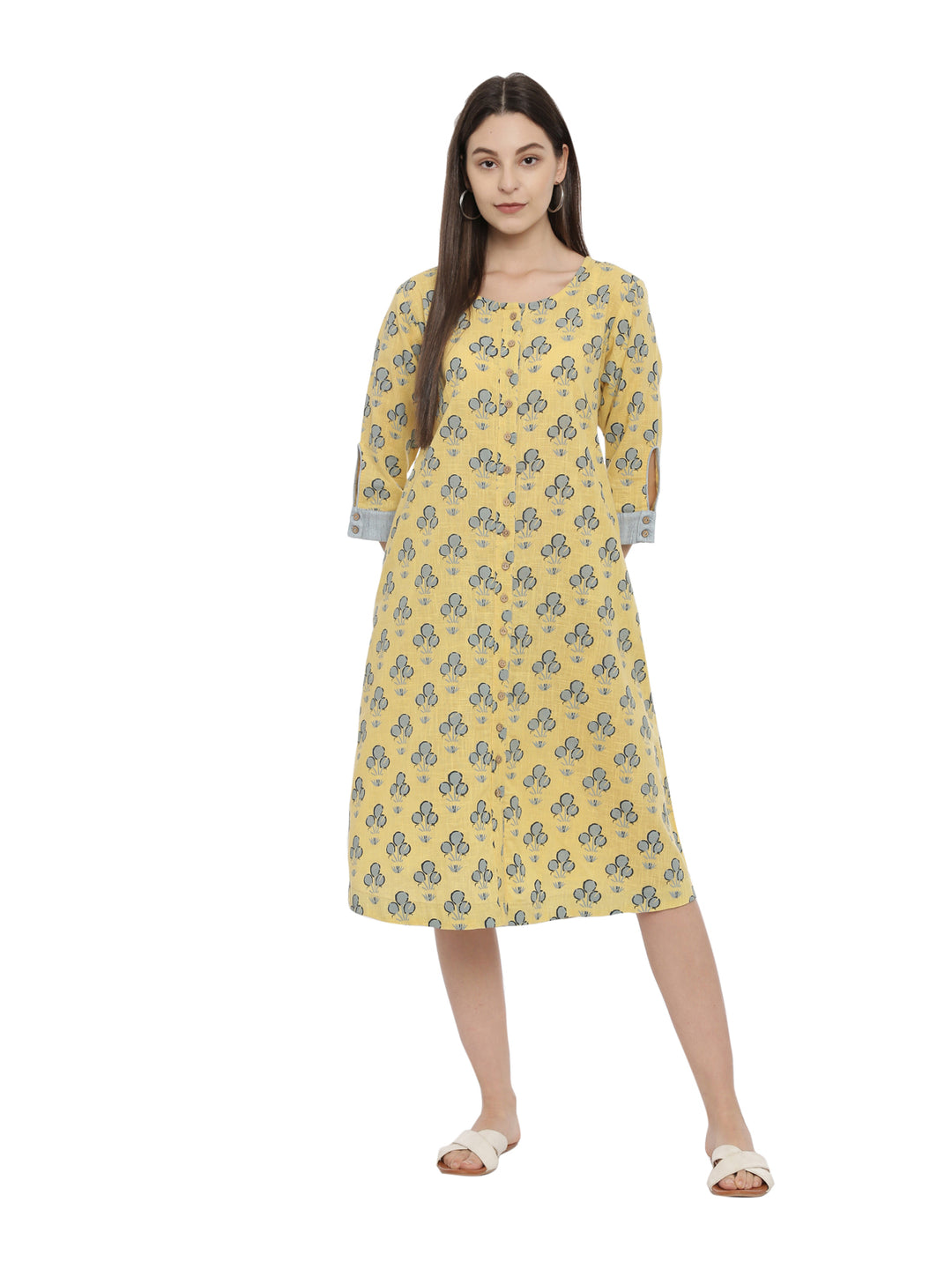 Printed Slub Cotton Front Open A-Line Dress With Side Pockets