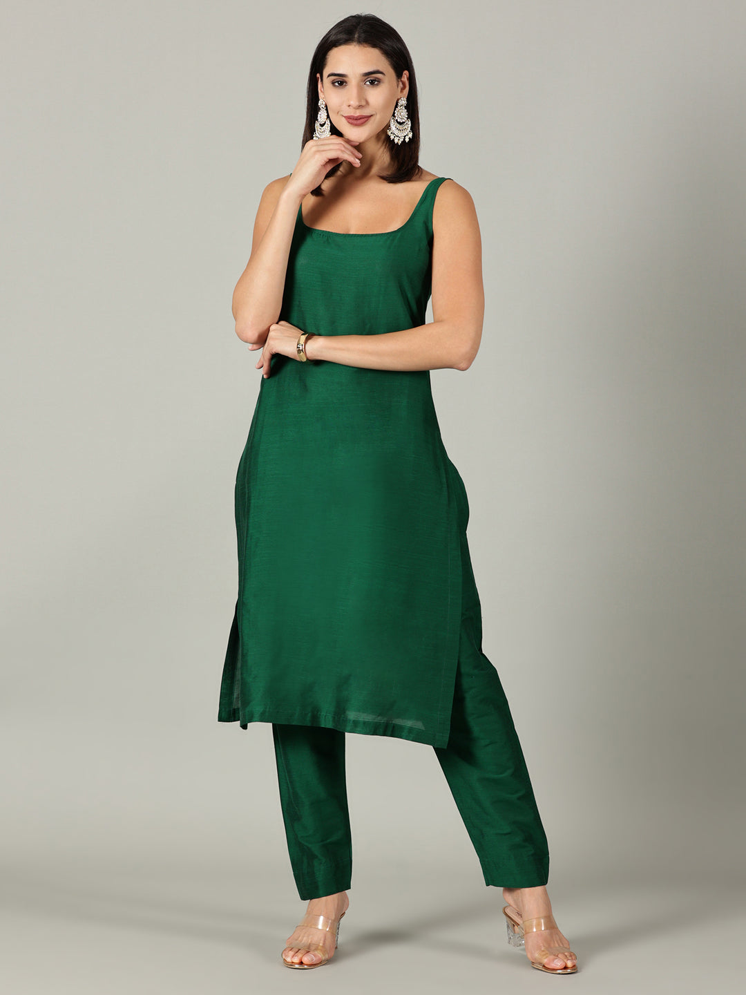 Elleora Bottal Green sleeveless Cotton Silk Kurta Set