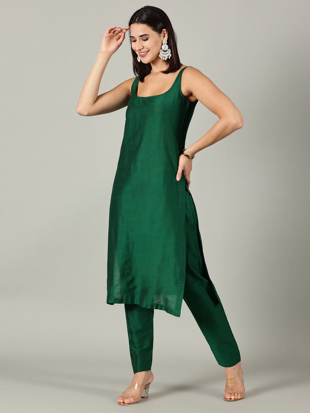 Elleora Bottal Green sleeveless Cotton Silk Kurta Set
