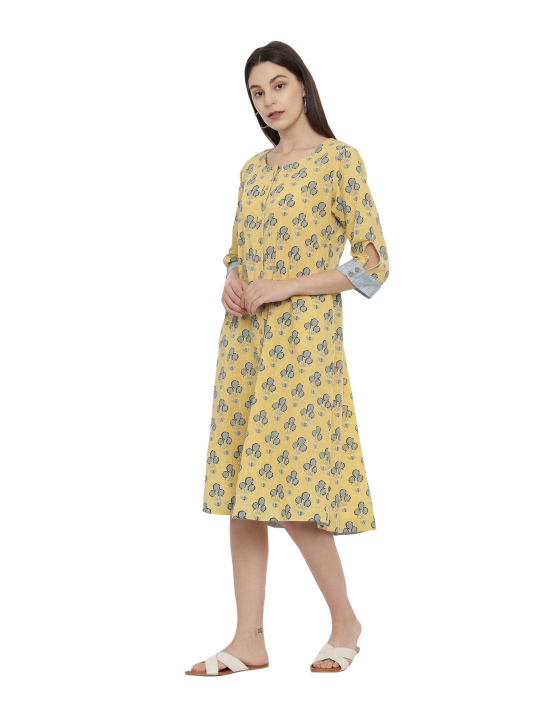 Printed Slub Cotton Front Open A-Line Dress With Side Pockets