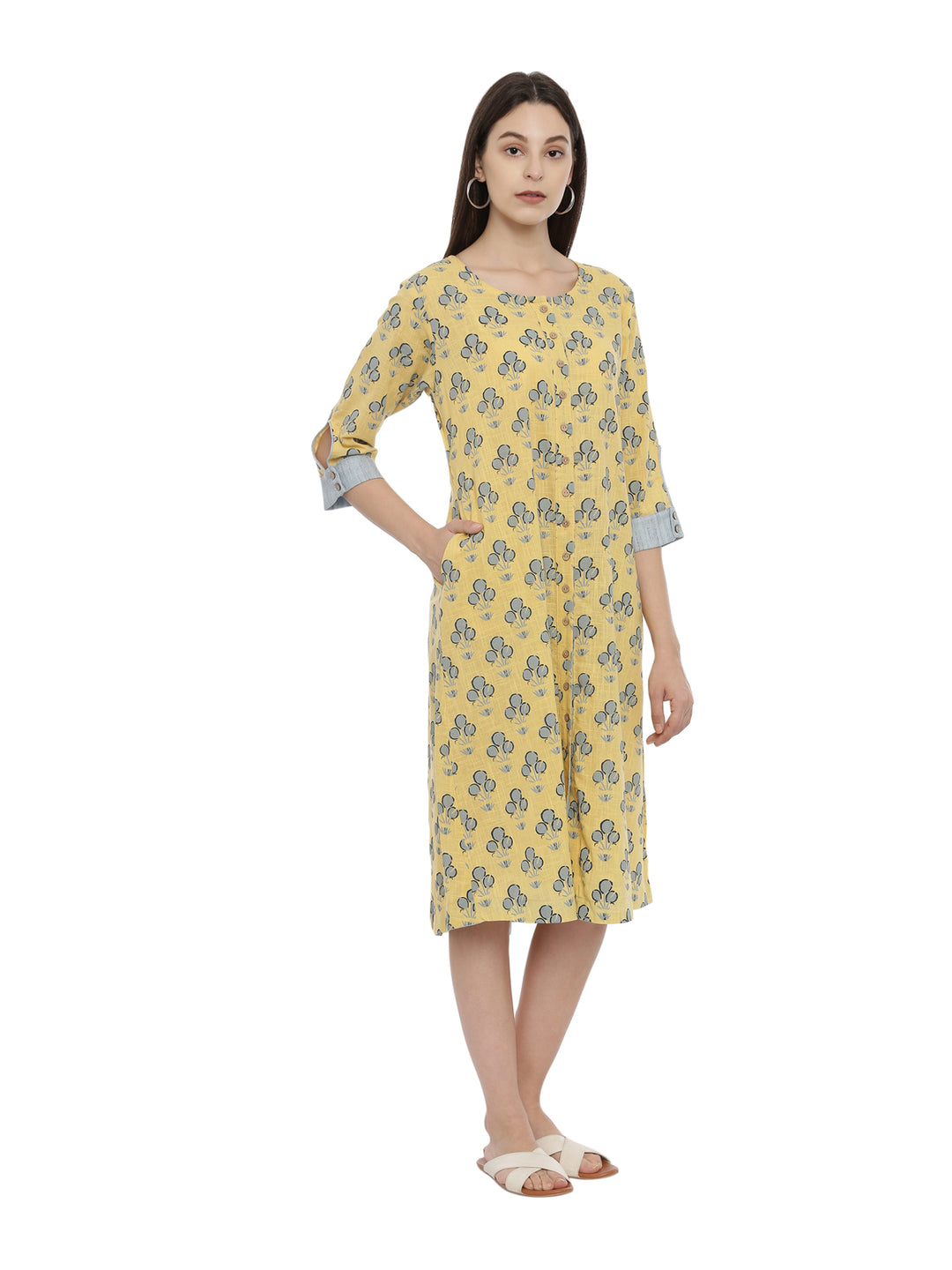 Printed Slub Cotton Front Open A-Line Dress With Side Pockets