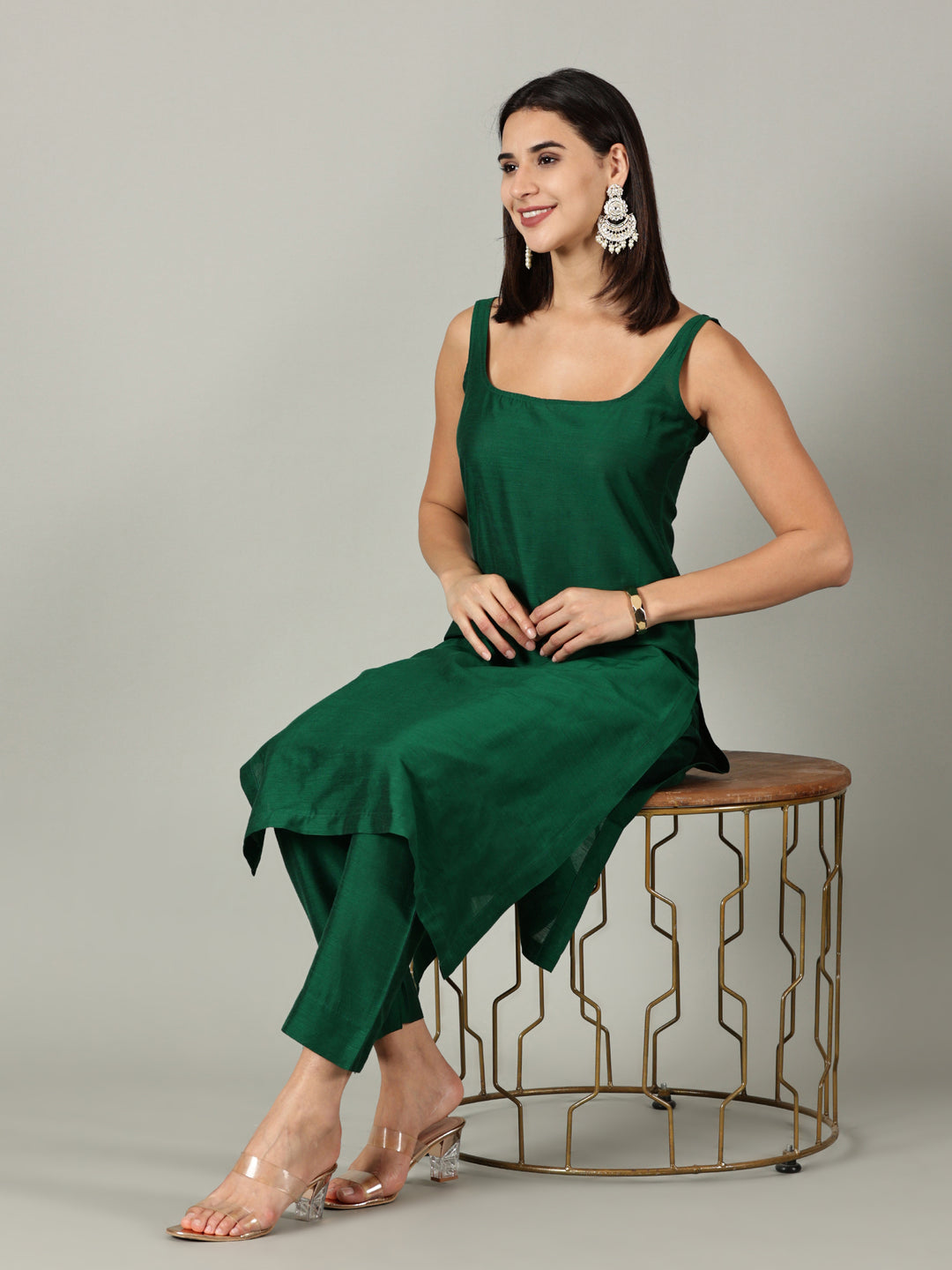 Elleora Bottal Green sleeveless Cotton Silk Kurta Set