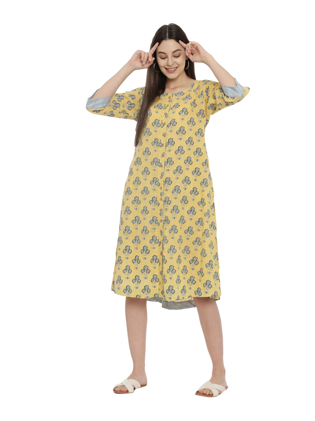 Printed Slub Cotton Front Open A-Line Dress With Side Pockets