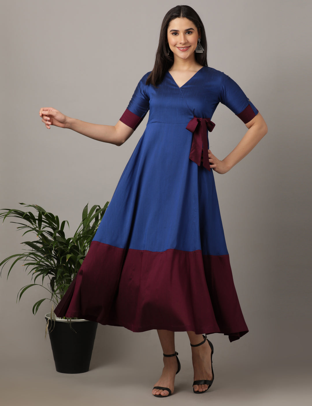 Elleora's Royal Blue Color Block Cotton Silk Gown. E L L E O R A Elleora's Royal Blue Color Block Cotton Silk Gown. E L L E O R A