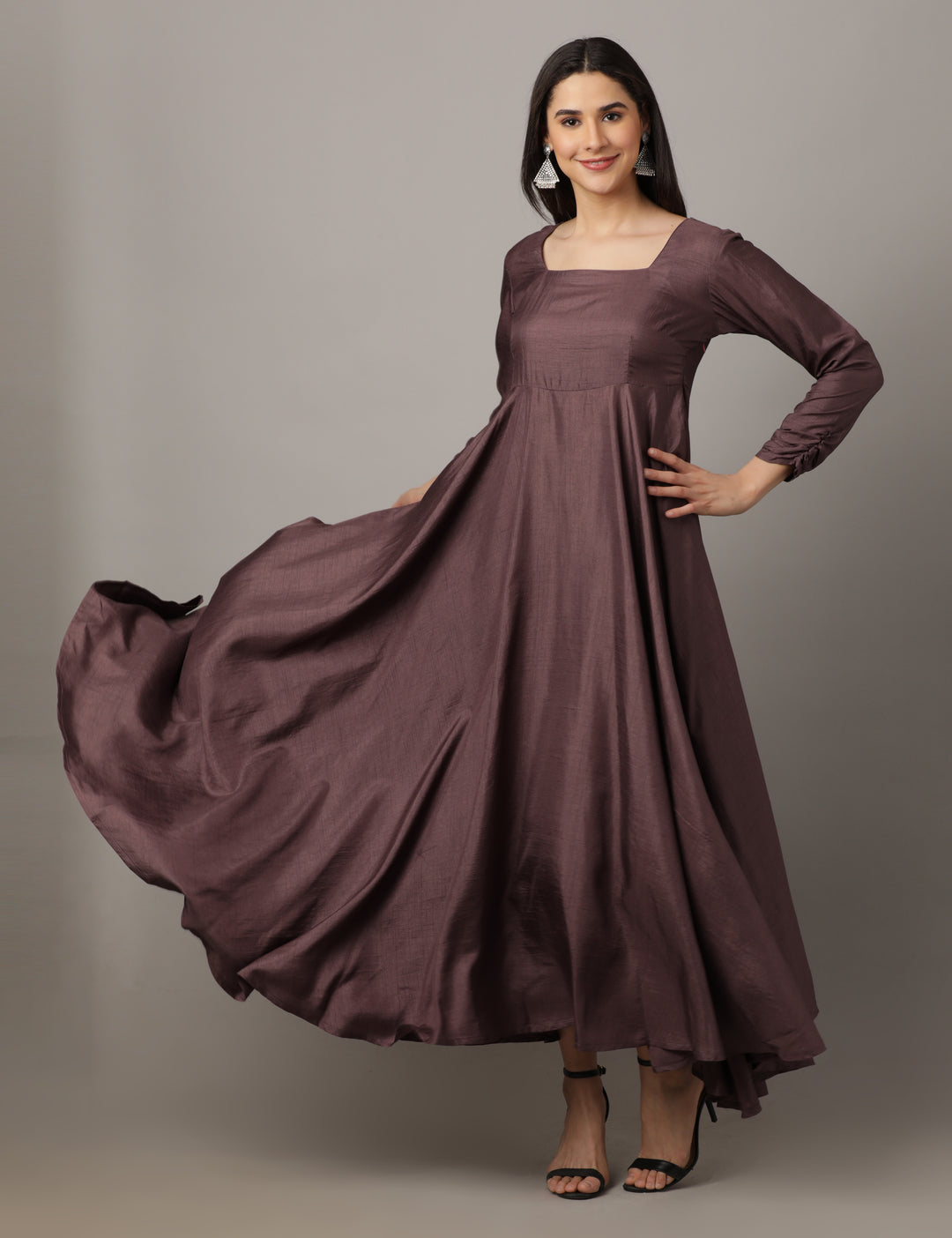 ELLEORA Designer Fit and flare Sqaure neck Gown - Dusty wine