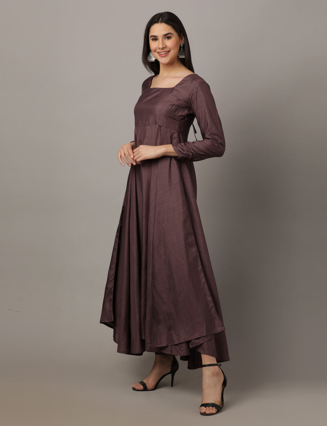 ELLEORA Designer Fit and flare Sqaure neck Gown - Dusty wine