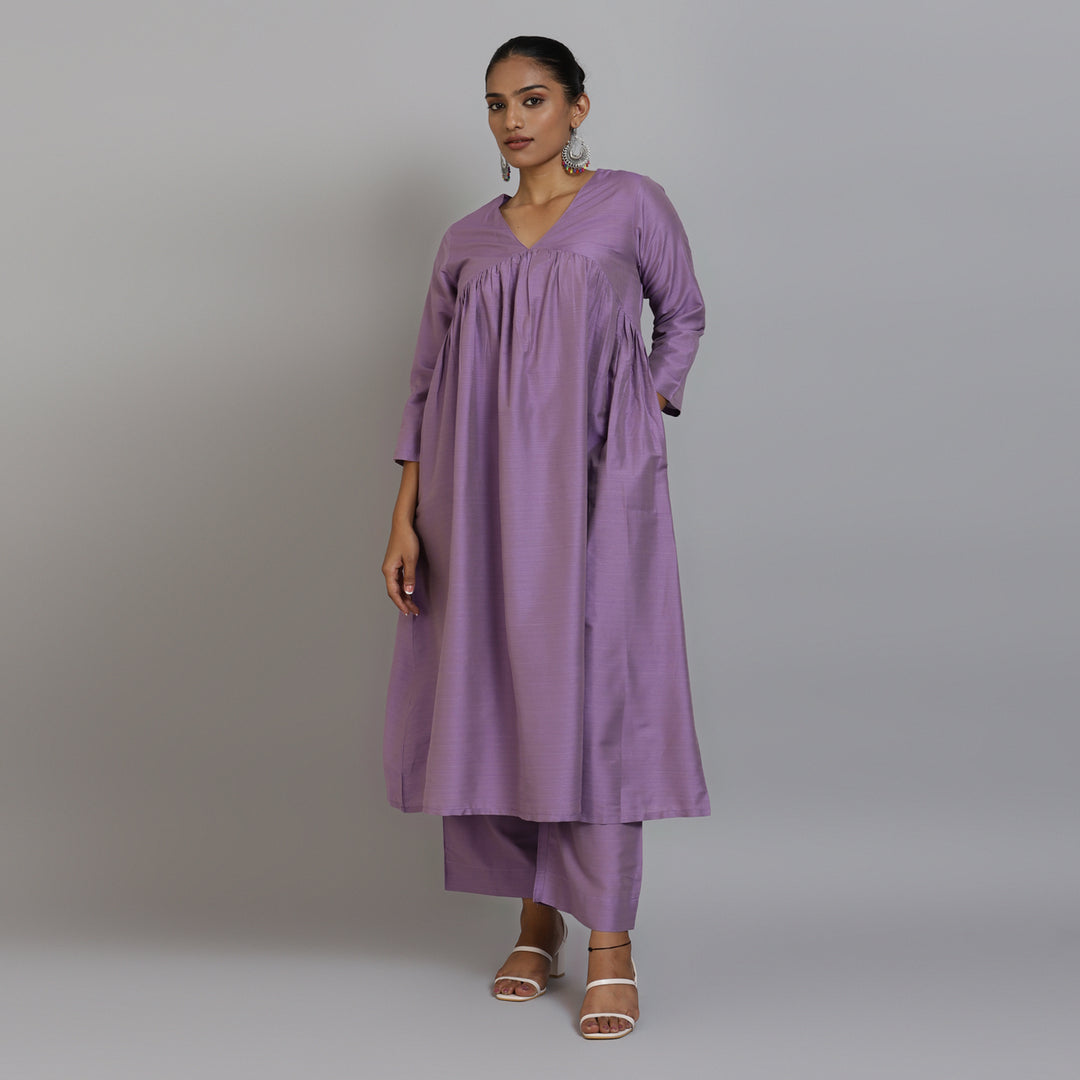 Elleora Gathered Cotton silk Kurta set Lavender