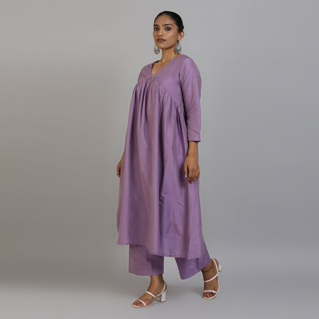 Elleora Gathered Cotton silk Kurta set Lavender