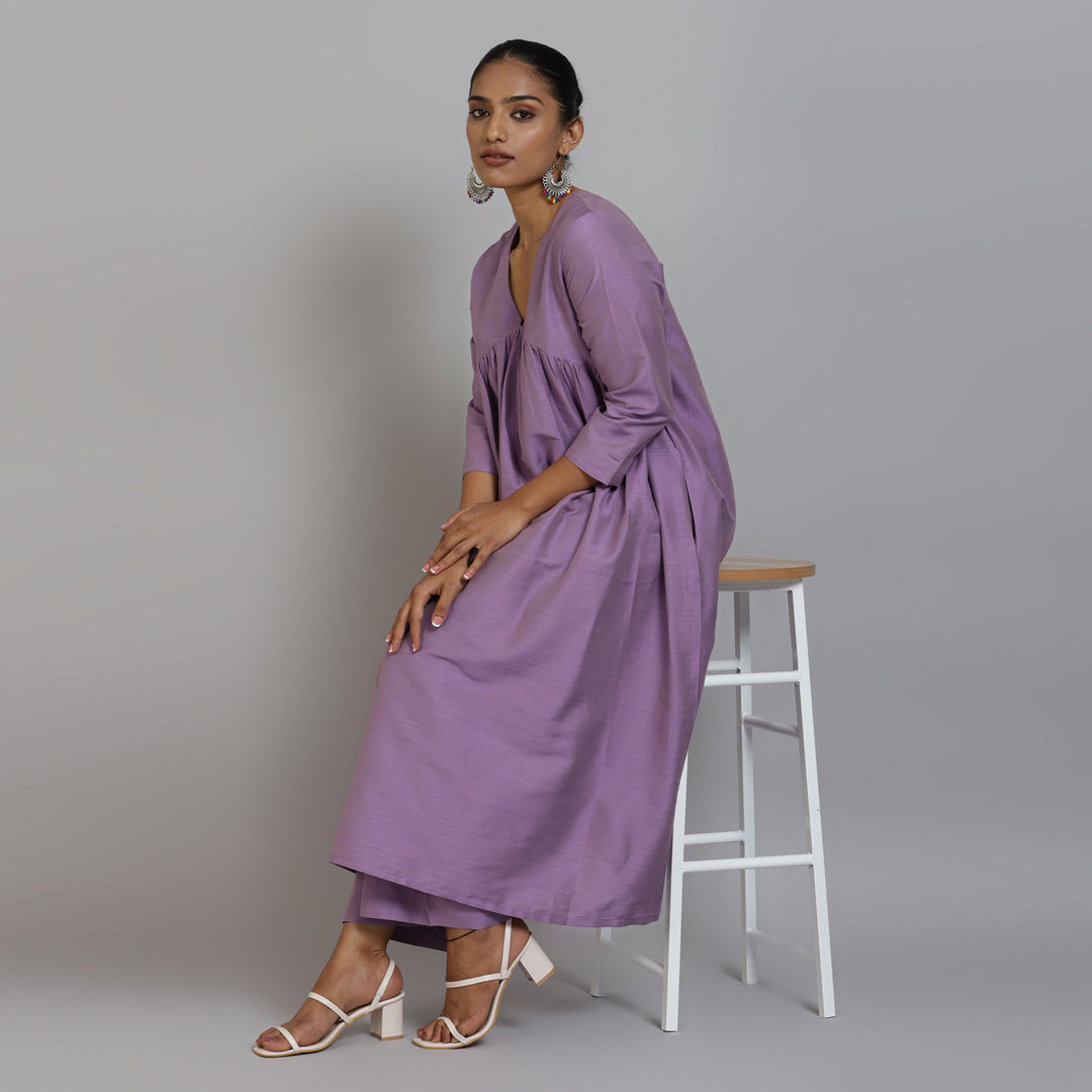 Elleora Gathered Cotton silk Kurta set Lavender