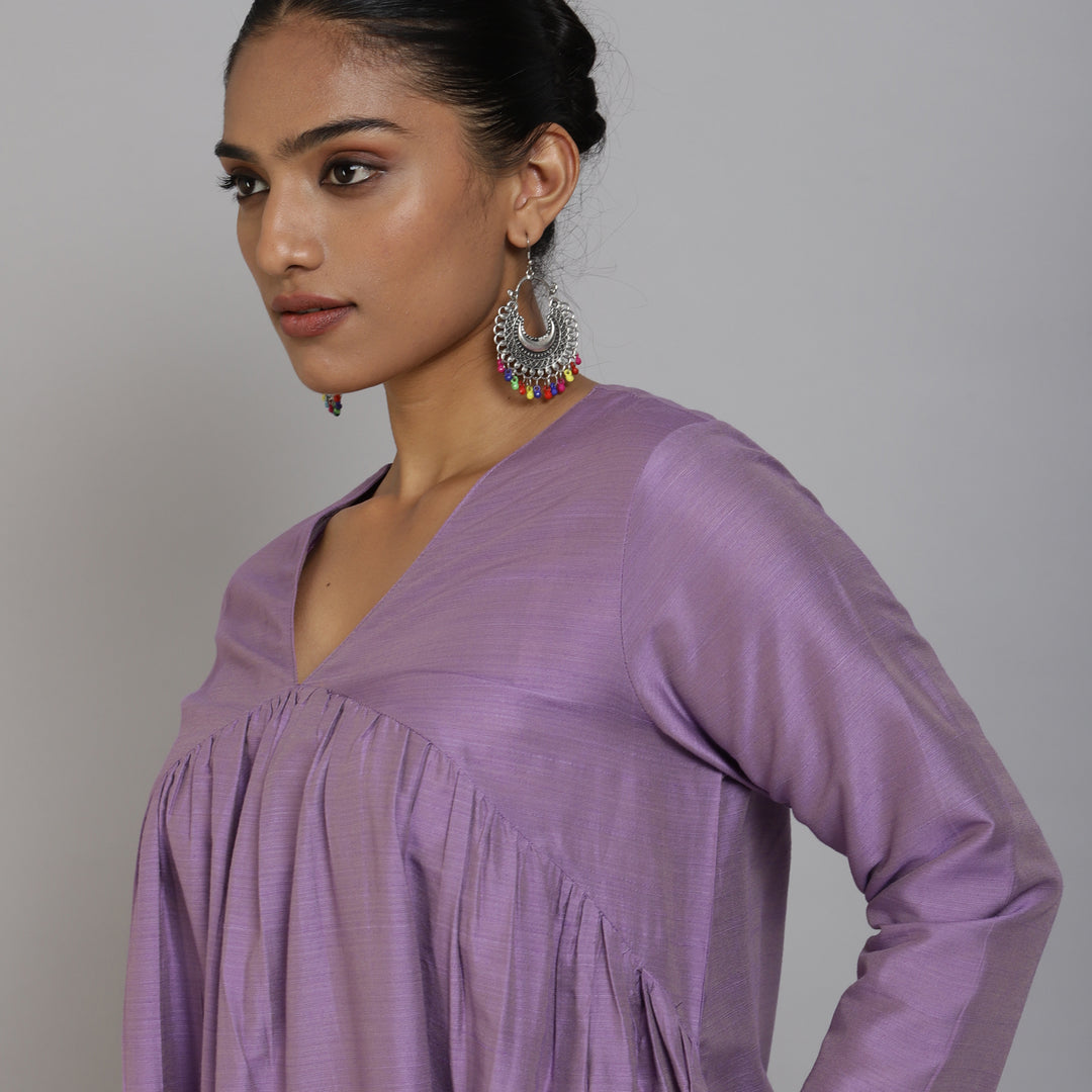 Elleora Gathered Cotton silk Kurta set Lavender