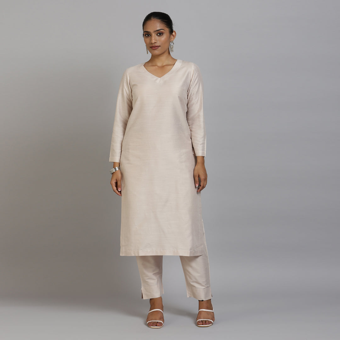 Elleora Regular Cotton Silk Kurta Set Ivory