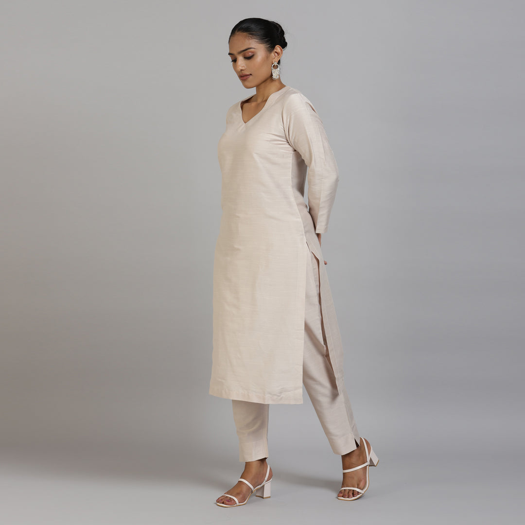 Elleora Regular Cotton Silk Kurta Set Ivory