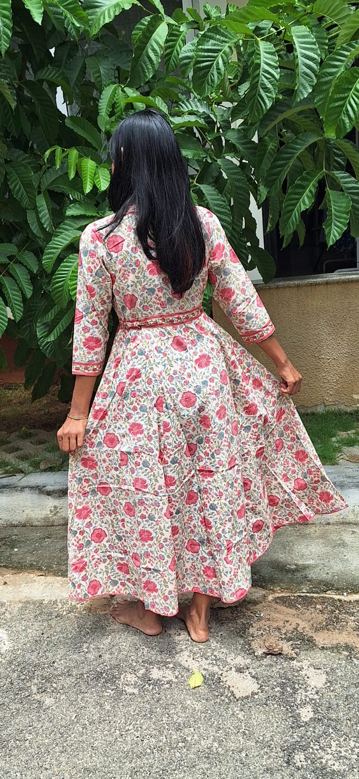 Floral Block Printed Fit And Flare V-neck  Long Dress