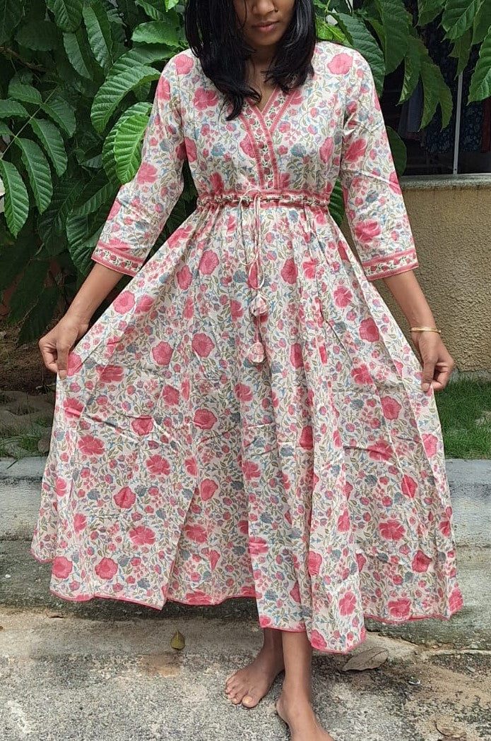 Floral Block Printed Fit And Flare V-neck  Long Dress