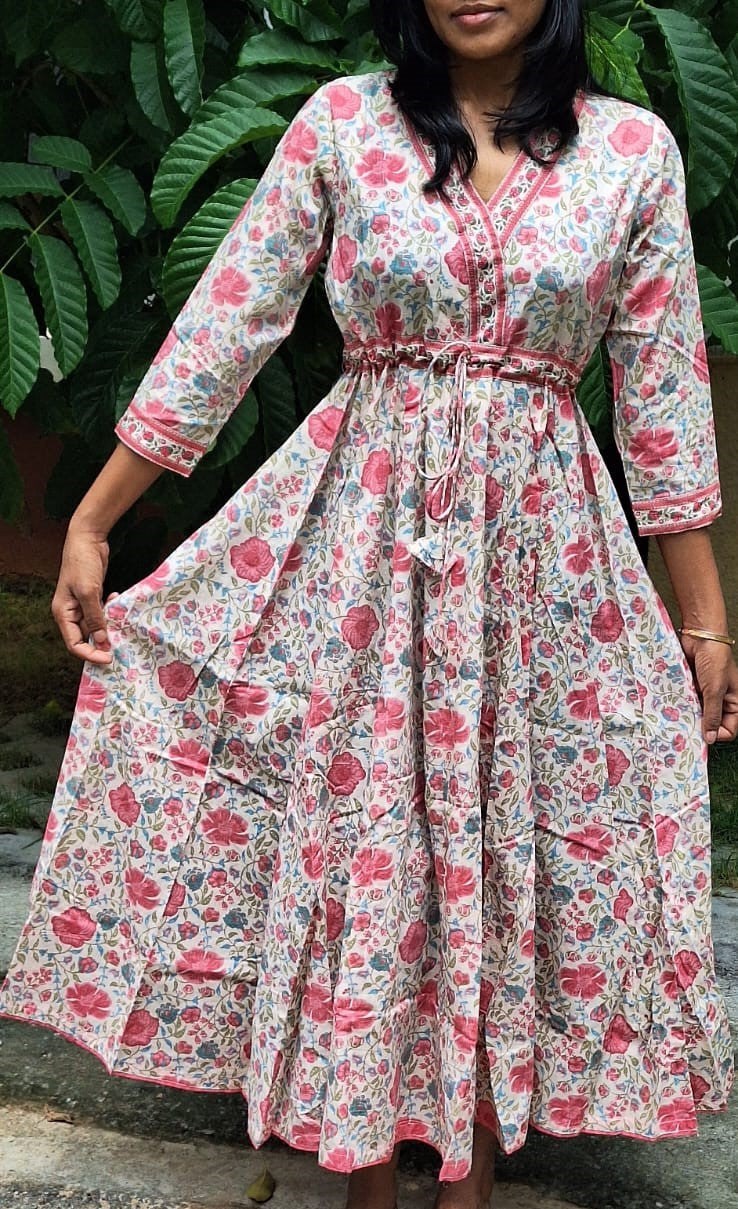 Floral Block Printed Fit And Flare V-neck  Long Dress