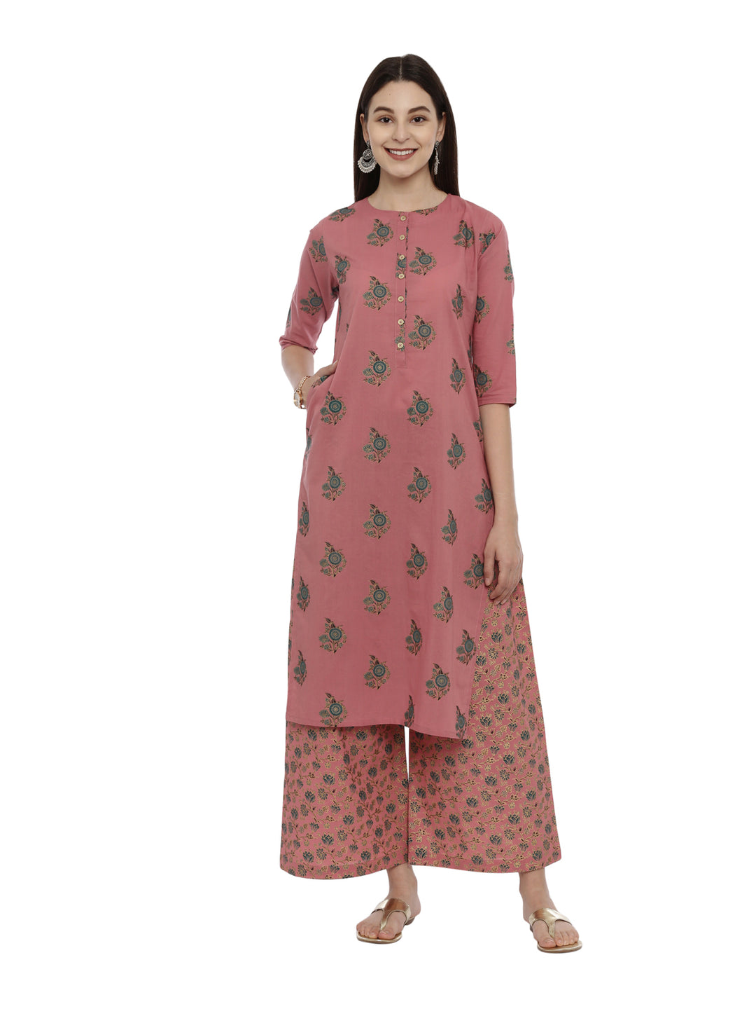 Women Dusty Pink Golden Line Block Printed Kurta With Palazzos With Pockets