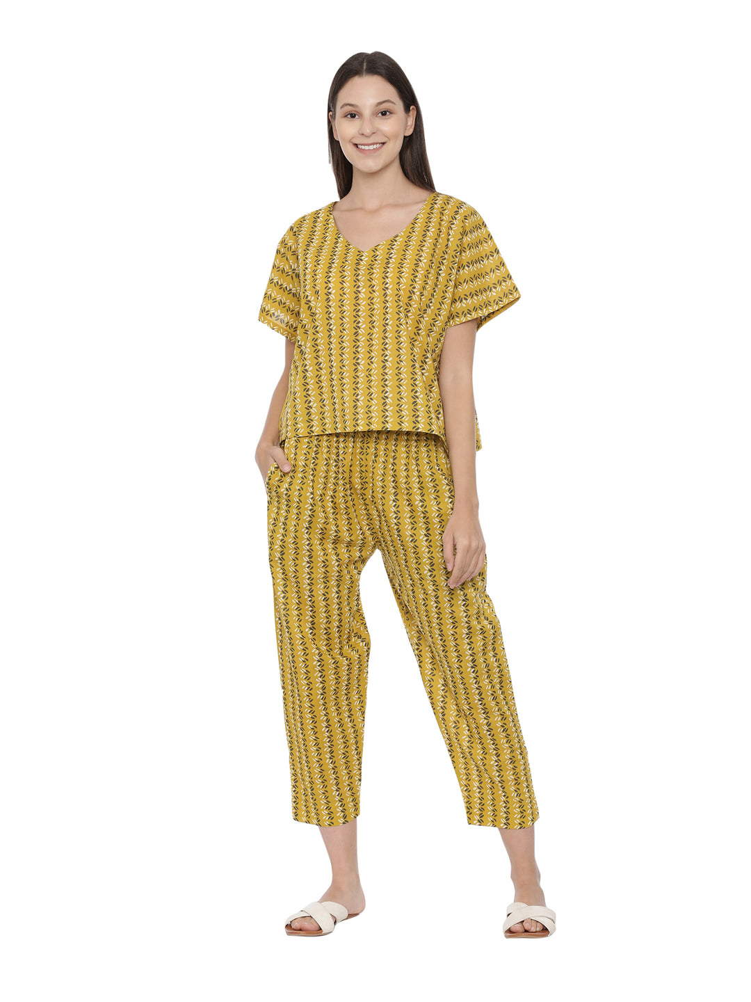 Dusty Yellow Printed Cotton Boxy Fit Night Set