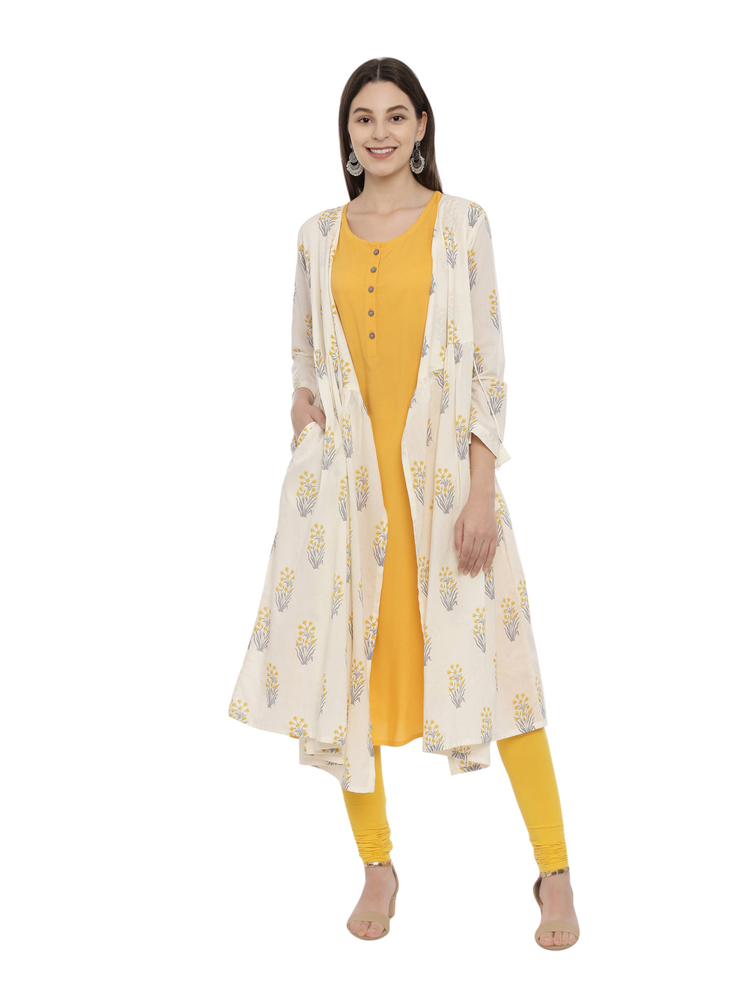 ELLEORA Block Printed Fit And Flare Angarakha Style Double Layer Kurta With Tie Up