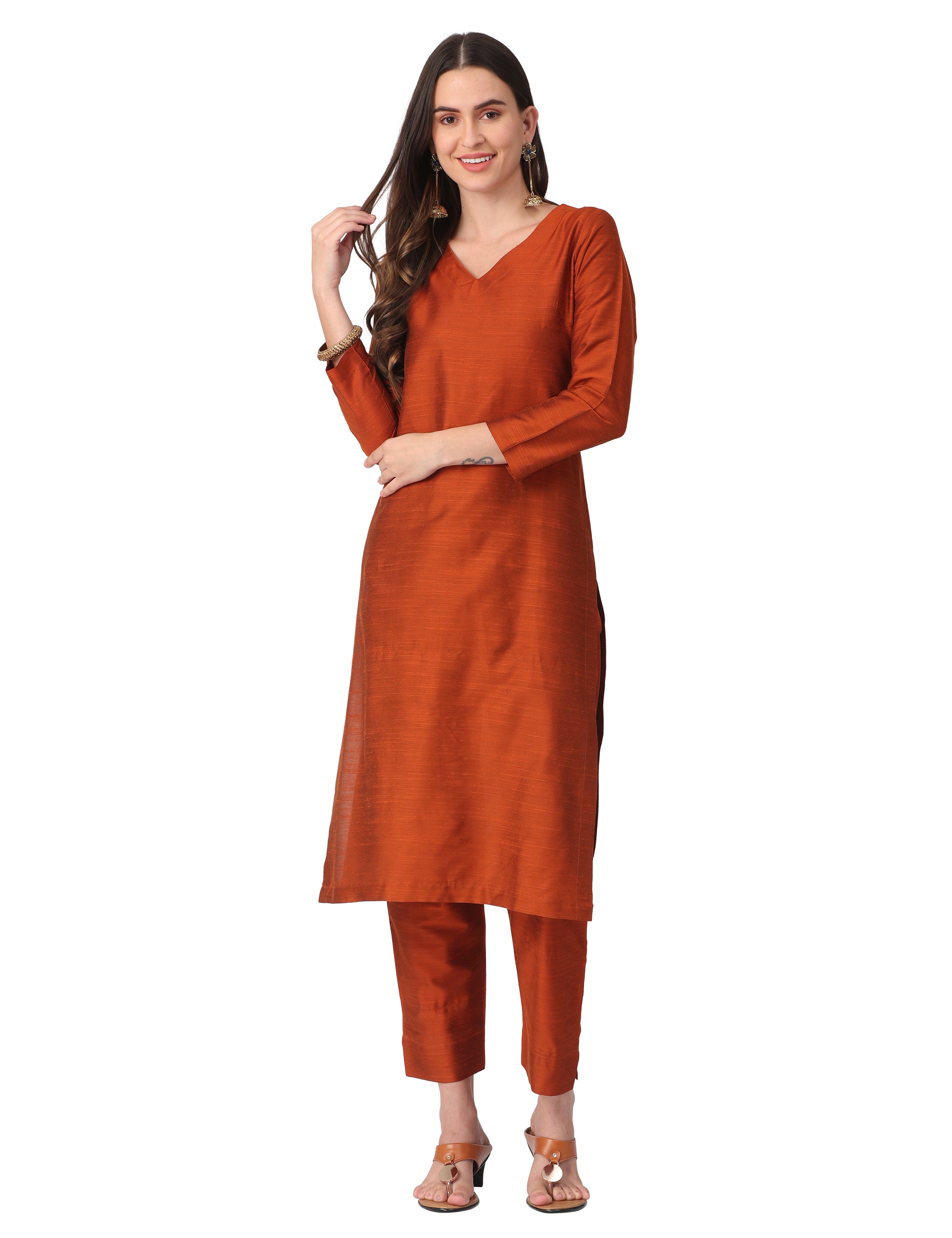Rust Embroidered Pure Cotton Kurti Pant Set With Dupatta