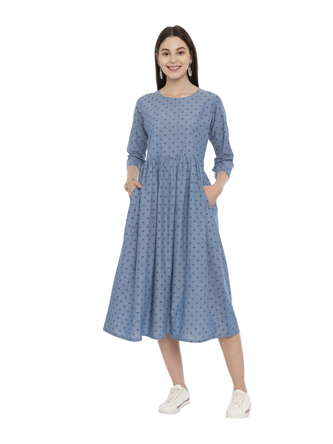 Chambre Denim Block Printed Fit And Flare Dress With Back Button Detailing