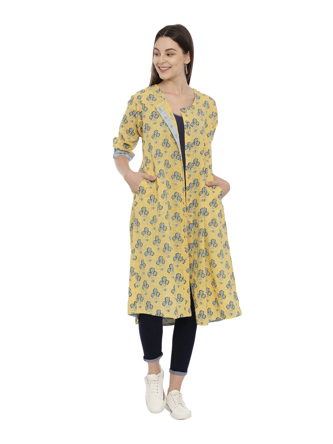 Printed Slub Cotton Front Open A-Line Dress With Side Pockets