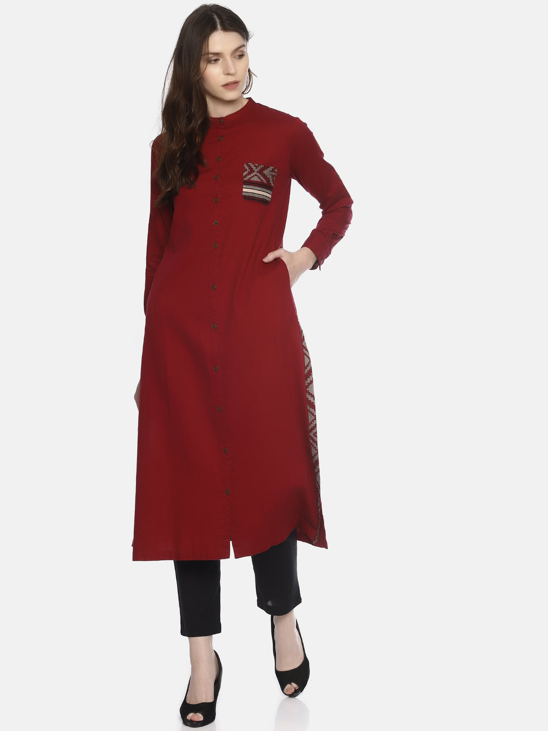 Maroon Shirt Kurta With Pockets