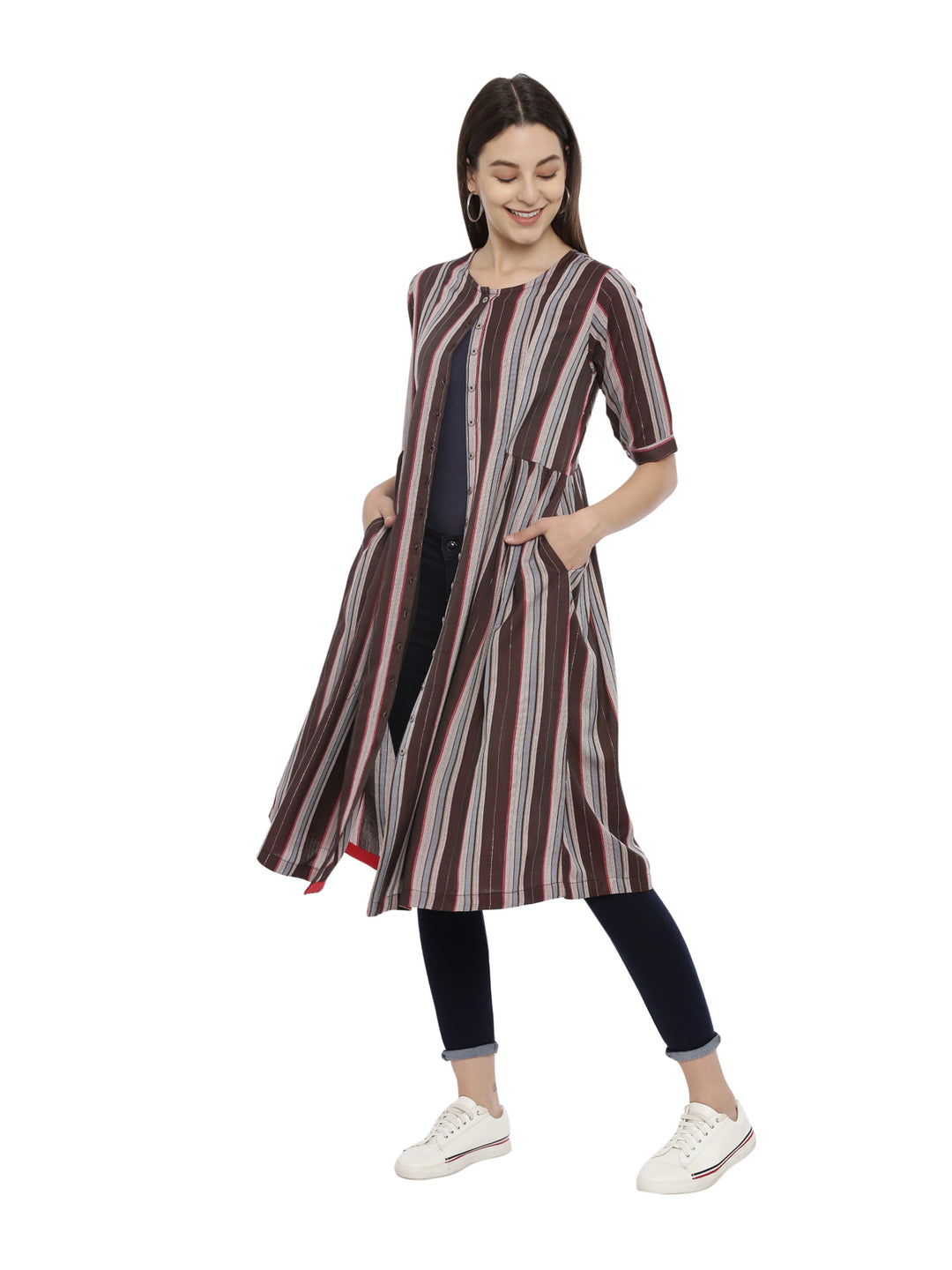 Women Striped anti Fit Front Open Dress With Side Pockets