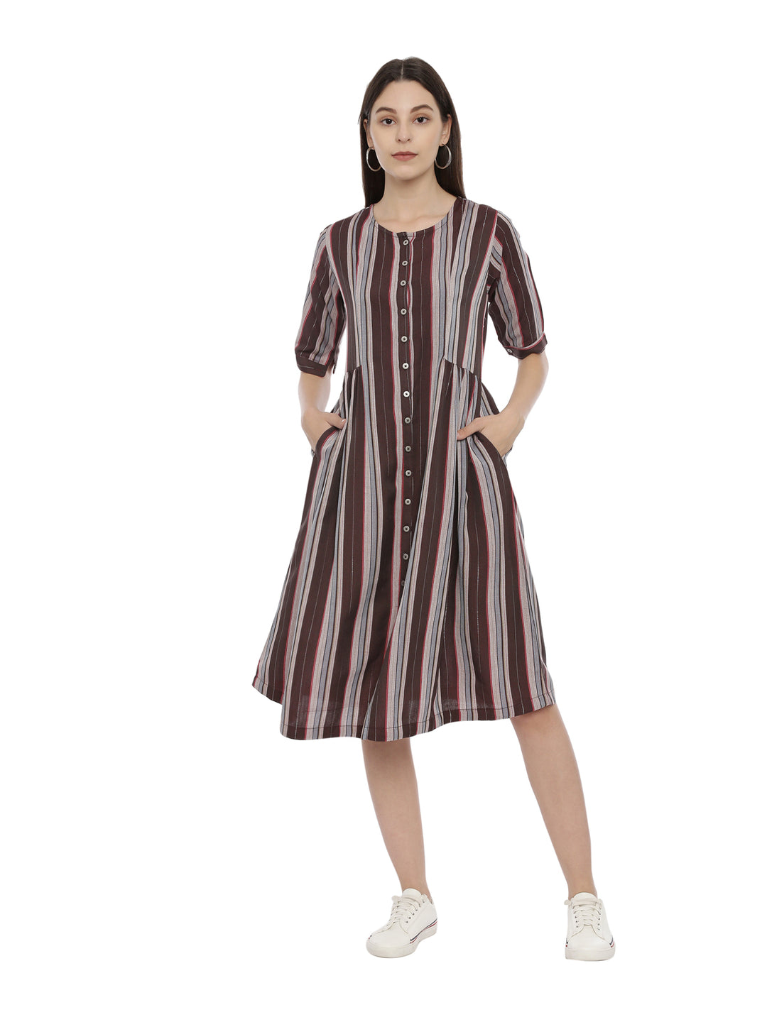 Women Striped anti Fit Front Open Dress With Side Pockets