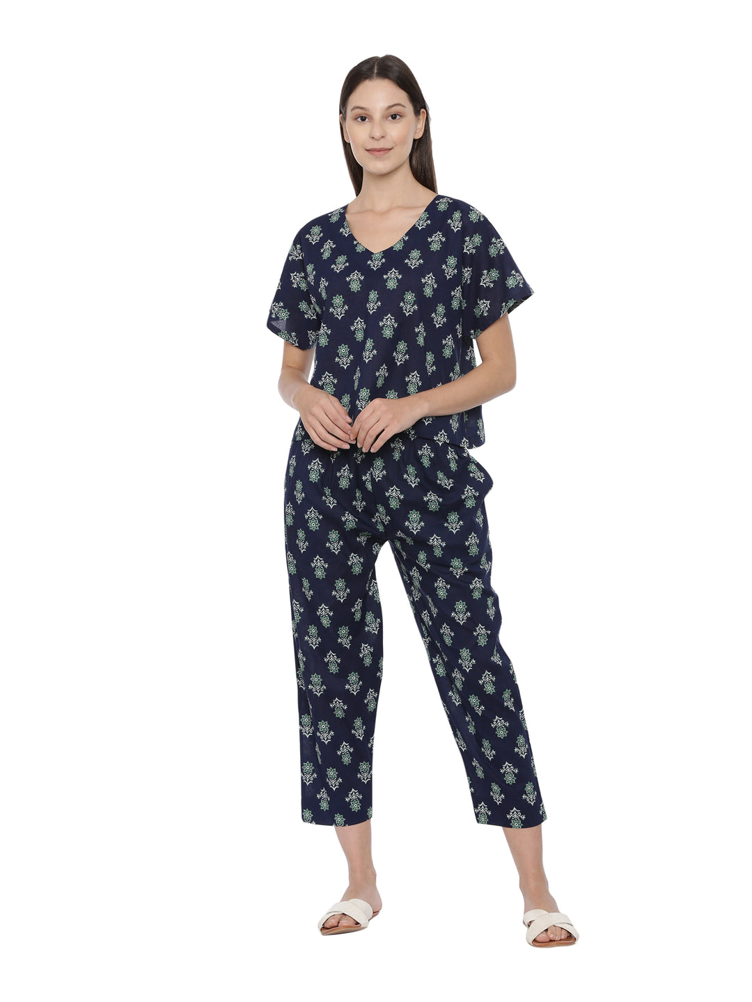 Navy Floral Printed Cotton Boxy Fit Night Set