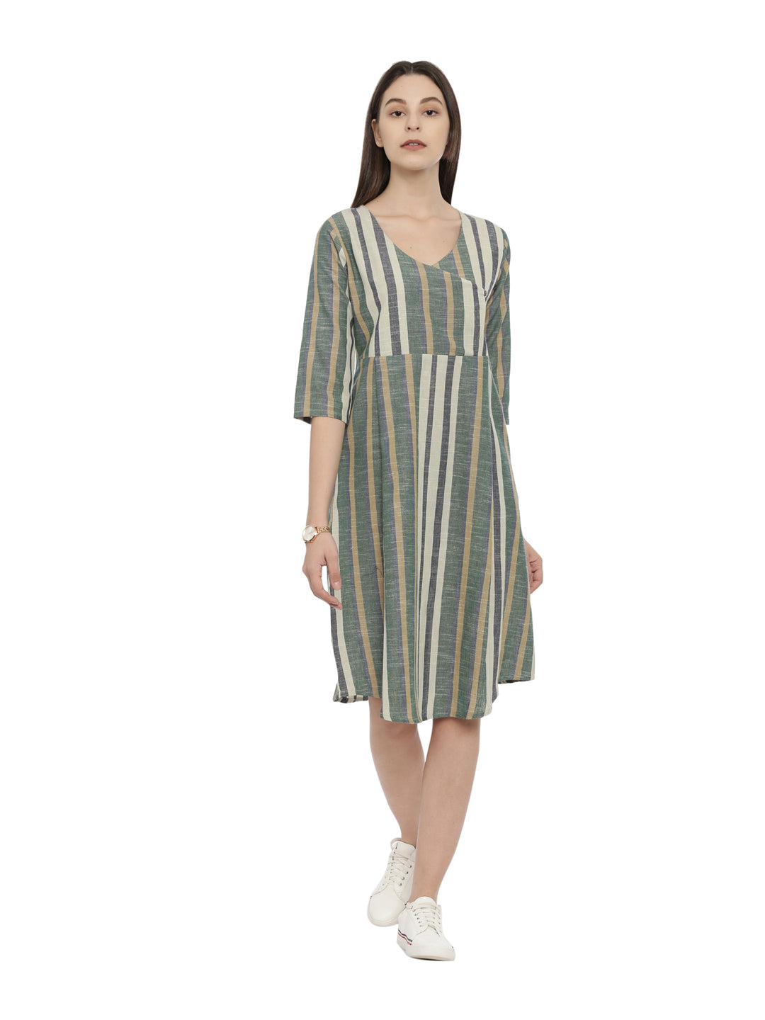 Striped Cross Opened Inverted Pleat Dress