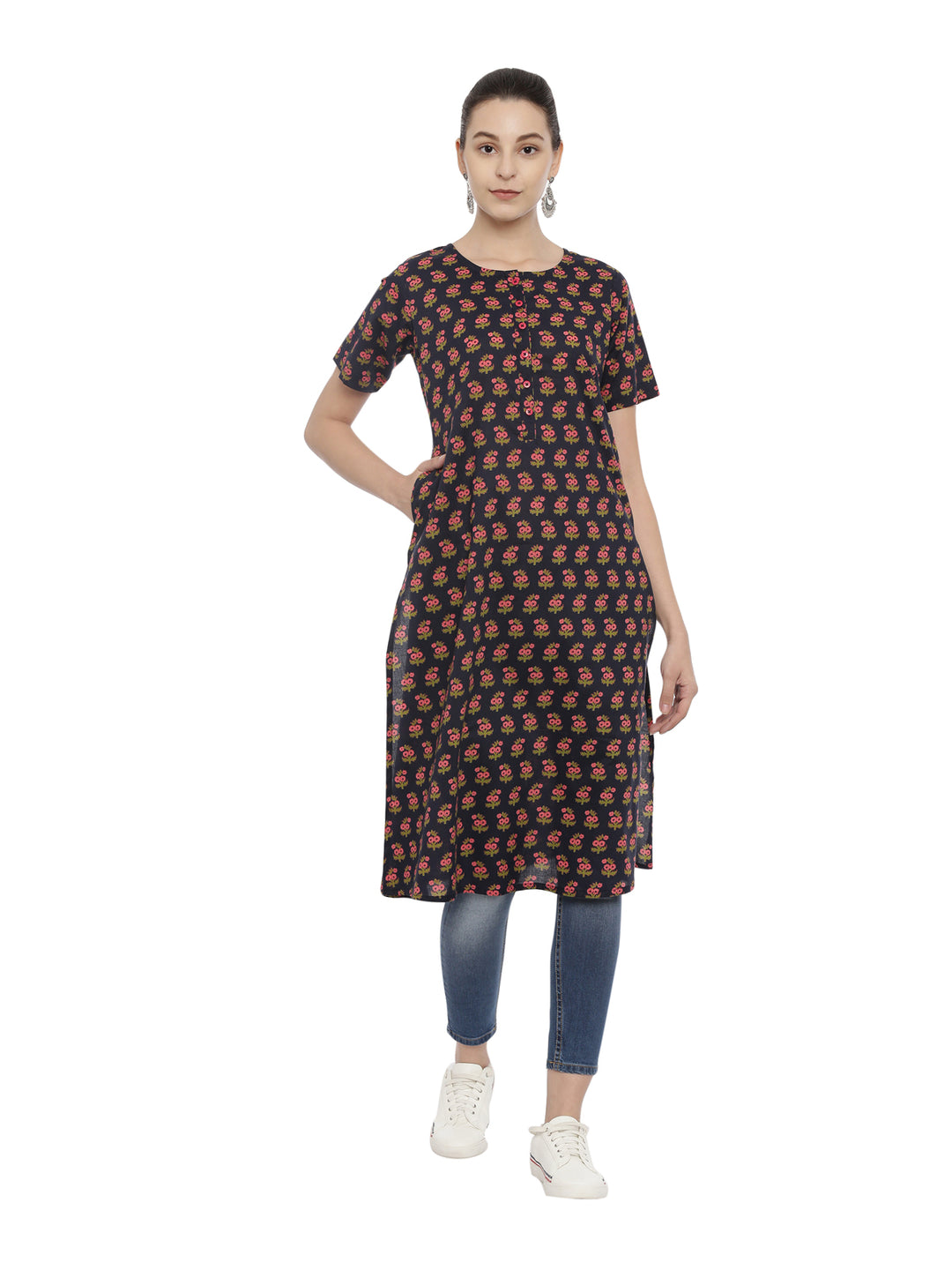 Women Printed Front Opened A-Line Kurta With Pocket